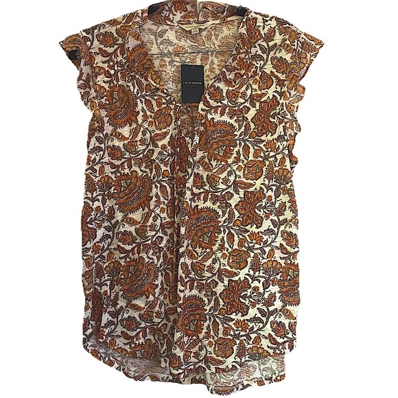 Lucky Brand Short Sleeve Top Flutter Cap Sleeves Floral Fall Colors  NWT $50 - Picture 1 of 11